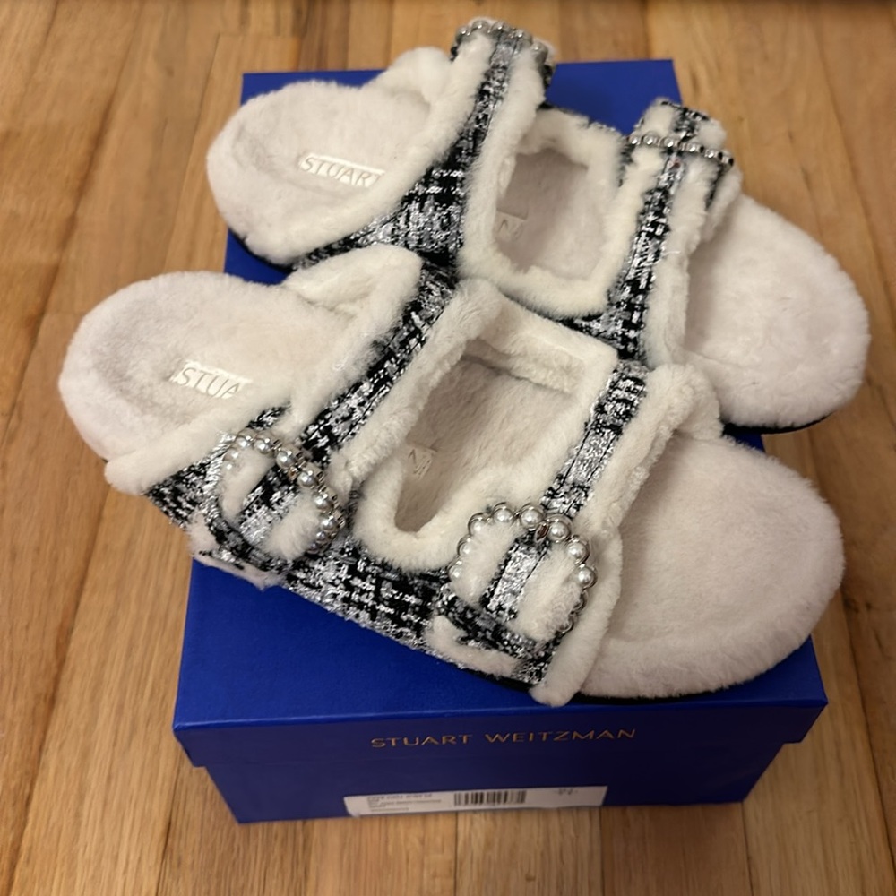 NWT Stuart Weitzman piper chill plaid tweed/shearling slide size 8